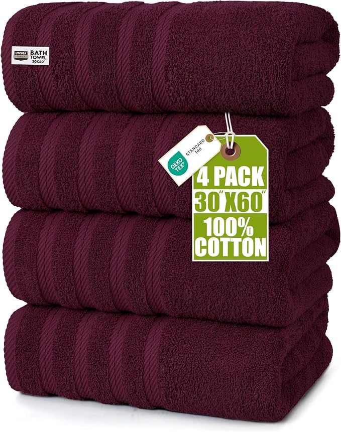 Utopia Towels 4 Pack Premium Extra Large Bath Towels Set, (30 x 60 Inches) 100% Ring Spun Cotton, Lightweight and Highly Absorbent Quick Drying Towels, Perfect for Daily Use (Burgundy)