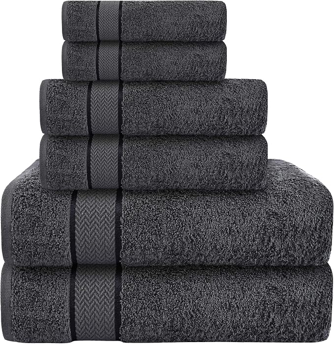 Luxury Bath Towels Set-100% Cotton- 2 Bath, 2 Hand & 2 Washcloths- Large, Thick, Fluffy, Absorbent, Quick Dry, Soft, Plush -Gift, Hotel, Gym Towel -6 Piece Luxury Bathroom Towels -Charcoal /Dark Grey