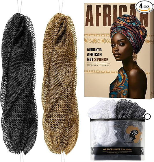 Authentic African Net Sponge with Knots - Afro Scrubber Bath Loofah Exfoliating Net Sponge for Shower - 4 Pack African Bath Sponges Exfoliator for Most Skin Types Back Scrub Washer Accessories