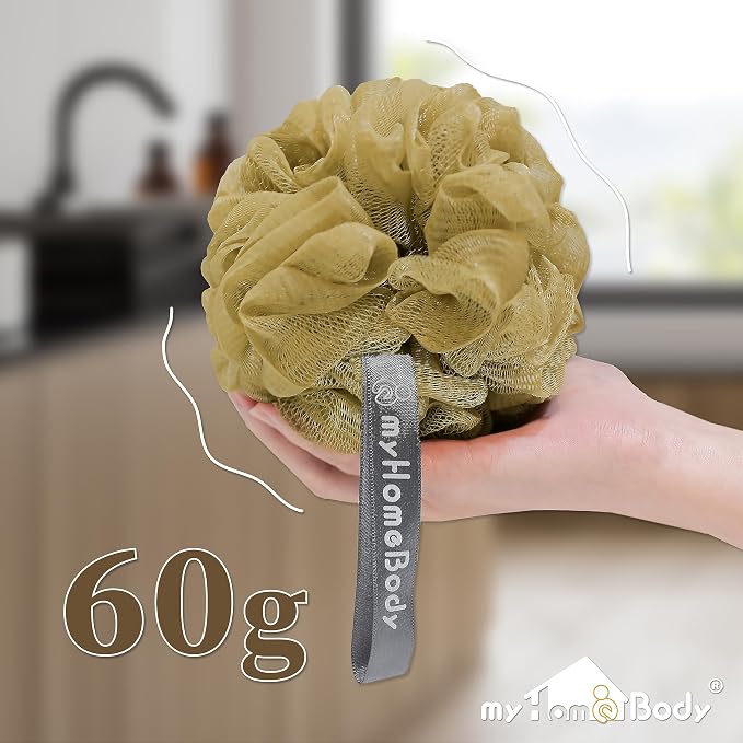 myHomeBody 60g Loofah Sponge, Body Scrubber, Bath Sponge, Loofah for Women, Men, Exfoliating Sponge Shower Pouf with Activated Charcoal – 3 Pack, 2 Caramel + 1 Oat Milk