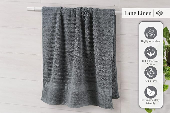 LANE LINEN Towels Set - 6 Piece Cotton Towels for Bathroom - Super Soft, Durable & Highly Absorbent - 2 Bath, 2 Washcloths, 2 Hand Towels - Oeko TEX Certified, Zero Twist Tech & Hotel Quality - Grey