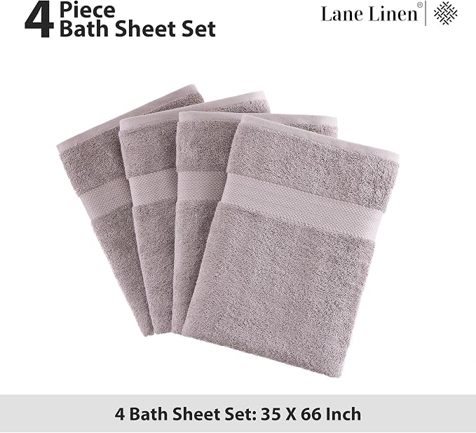 LANE LINEN 100% Mercerized Cotton Bath Sheets Set of 4 (35"x66") - Premium Quality Ring Spun Tech, Eco Friendly Extra Large Towel Sets - Oeko-TEX Certified, Daily Use Bathroom Towels - Platinum