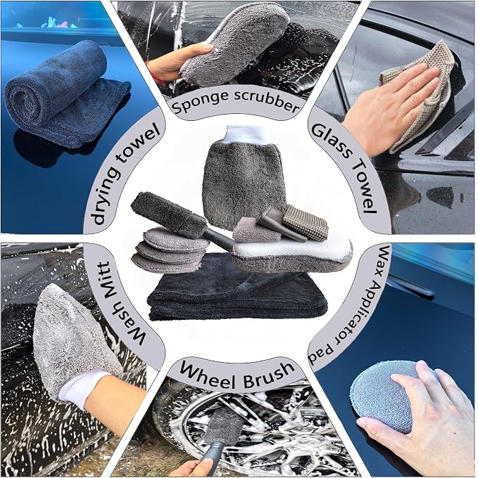 Car Drying Towels Set 10PCS Car Cleaning Kit, 36"x24" Twist Loop Microfiber Towel (Absorbs 1+ Gallon) Car Detailing Kit with Tire Brush Wax Pads Wash Mitt Sponge Interior & Glass Towels for Auto Care