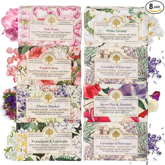 Wavertree & London Assorted Floral Scents Natural Soap Bars (Pack of 8), 7oz Moisturizing Triple Milled Soap Bars Enriched with Shea Butter and Pure Plant Oils | All Body & Bath Soap
