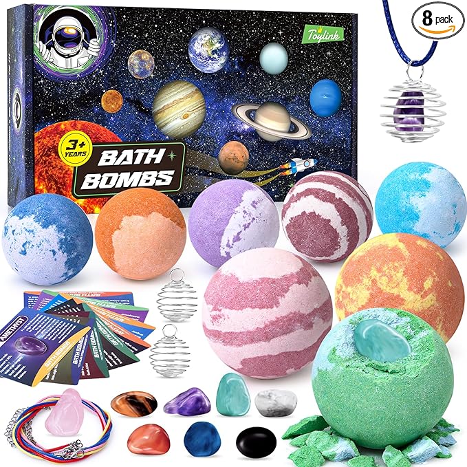 Toylink Galaxy Bath Bombs for Kids with Surprise Inside Space Toys, 8 Pack Planet Bath Bombs with Solar System Gemstones Organic Bubble Bath Fizzies Birthday Christmas Gift for Boys Girls