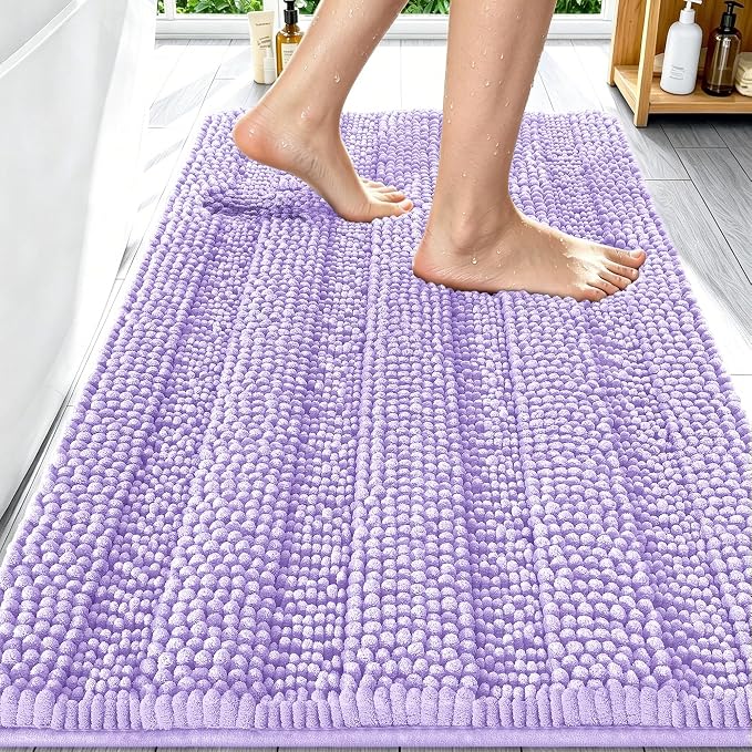 Smiry Thick Chenille Bathroom Rugs 30x20, Extra Soft Absorbent Striped Bath Mat, Machine Washable, Rubber Backing, Bath Rugs for Tub & Shower, Modern Home Decor Accessories, Lavender