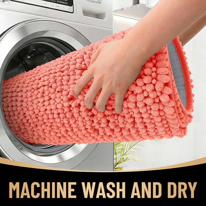 OLANLY Thick Large Bathroom Rugs 40x32, Extra Soft Absorbent Chenille Bath Rugs, Rubber Backing, Machine Wash Dry, Bath Mats for Bathroom Floor, Tub and Shower, Home Decor Accessories, Coral