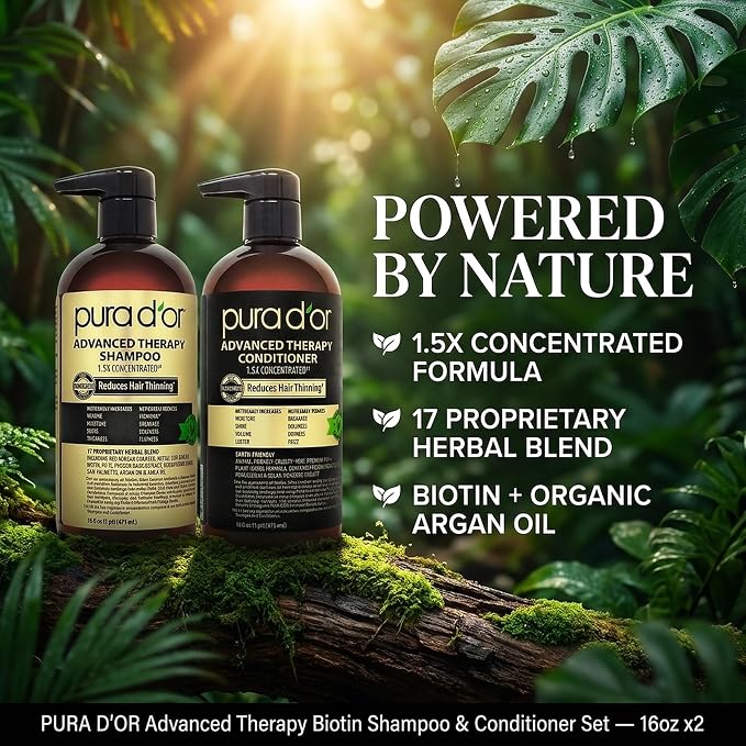 PURA D'OR Advanced Therapy Biotin Shampoo & Hair Regrowth Conditioner Set For Hair Thinning, CLINICALLY TESTED Effective Thickening Results, For Women & Men, Invigorating Forest Scent, 16oz x2