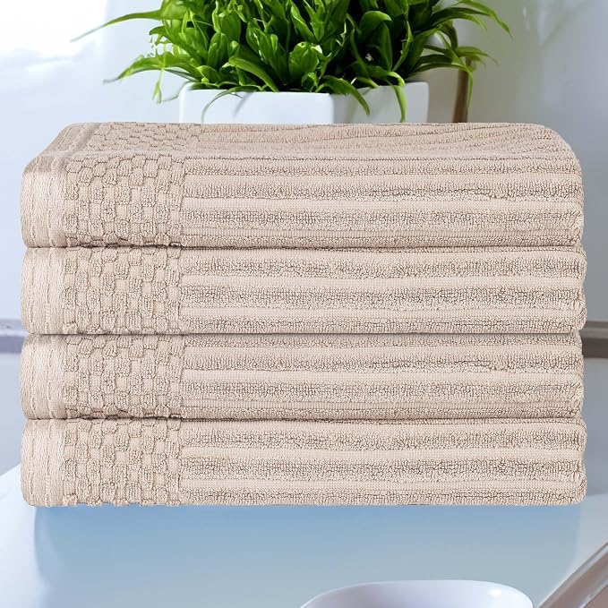 Superior 4 Piece Cotton Bath Towel Set, Includes 4 Bath Towels, Daily Use for Bathroom, Guest Bath, Quick Dry, Spa, Resort Towels, Ribbed, Absorbent, Home Essentials, Soho Collection, Ivory