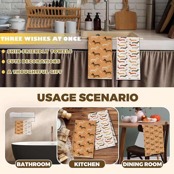 Kitchen Towels Set of 2, Filled with Dachshund Dish Towel for Kitchen, Decorative Hand Towels for Bathroom, Fast Drying Tea Towel, Housewarming Gifts for Wiener Dog Lover Women Mom -B04