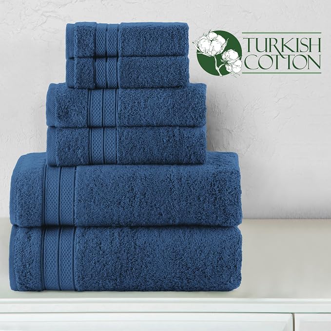 Elegant Comfort Luxury 6-Piece Towel Set, Premium Soft 100% Turkish Cotton, Three Line Popcorn Design 2 Bath Towels, 2 Hand Towels and 2 Washcloths Towel Set - Quick-Drying and Absorbent, Navy Blue