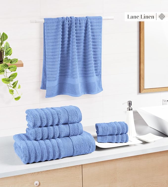 LANE LINEN 100% Cotton Bath Towel - 6 Piece Set - Hotel Grade Luxury Zero Twist Cotton - 2 Bath, 2 Washcloths, 2 Hand Towels for Bathroom - Super Soft, Quick Dry & Highly Absorbent - Cerulean Blue