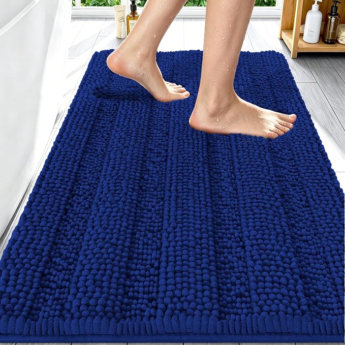 Smiry Thick Chenille Bathroom Rugs 30x20, Extra Soft Absorbent Striped Bath Mat, Machine Washable, Rubber Backing, Bath Rugs for Tub & Shower, Modern Home Decor Accessories, Navy