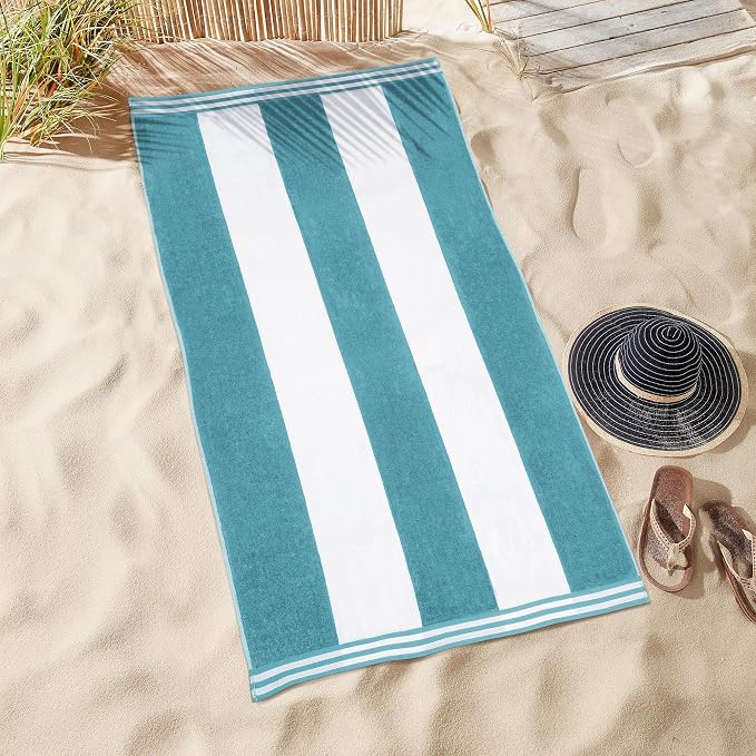 Superior Cotton Nautical Stripe Beach Towels, Colorful Towels for Adult, Kid, Pool, Swimming, Sand, Travel, Large Oversized, Absorbent, Fast Drying, Bath Basics, Cabana Collection, 1 Piece, Turquoise