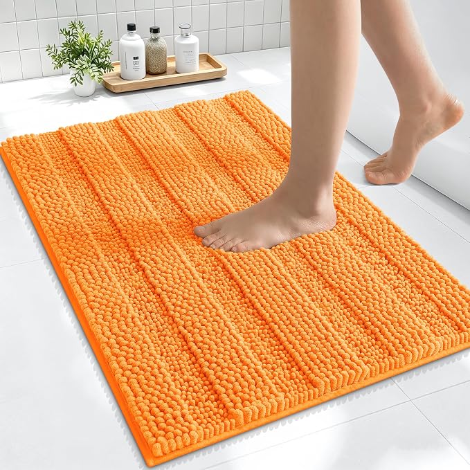 Smiry Thick Small Chenille Bathroom Rugs 24x16, Extra Soft Absorbent Striped Bath Mat, Machine Washable, Rubber Backing, Bath Rugs for Bathroom, Tub & Shower, Home Decor Accessories, Orange
