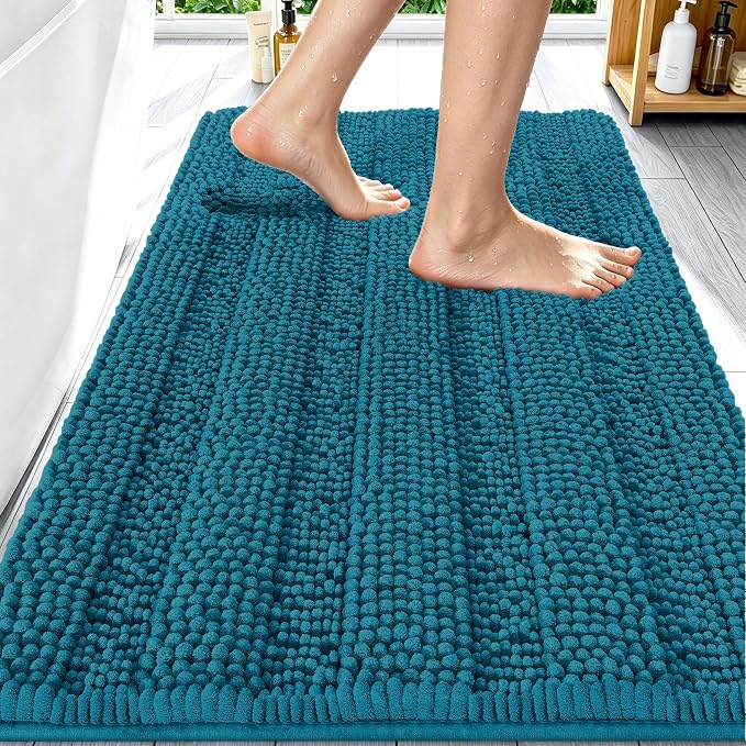 Smiry Thick Chenille Bathroom Rugs 30x20, Extra Soft Absorbent Striped Bath Mat, Machine Washable, Rubber Backing, Bath Rugs for Tub & Shower, Modern Home Decor Accessories, Peacock Blue