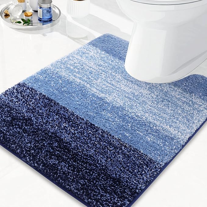 Arotive Microfiber Bathroom Rugs, Shaggy Soft and Absorbent Contour Toilet Rugs, Thick Plush Machine Washable Dry Bath Mats for Toilet Base, 24x24, Blue, U-Shape