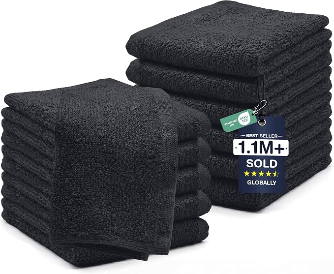 DAN RIVER 12 Pack Wash Cloths for Showering [12x12] - 100% Cotton Washcloths Premium Quality Flannel Face Cloths for Bathroom, Highly Absorbent and Soft Feel Wash Clothes, Charcoal