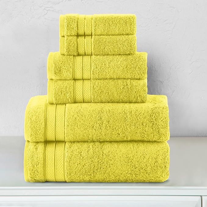 Elegant Comfort Luxury 6-Piece Towel Set, Premium Soft 100% Turkish Cotton, Three Line Popcorn Design 2 Bath Towels, 2 Hand Towels and 2 Washcloths Towel Set - Quick-Drying and Absorbent, Yellow