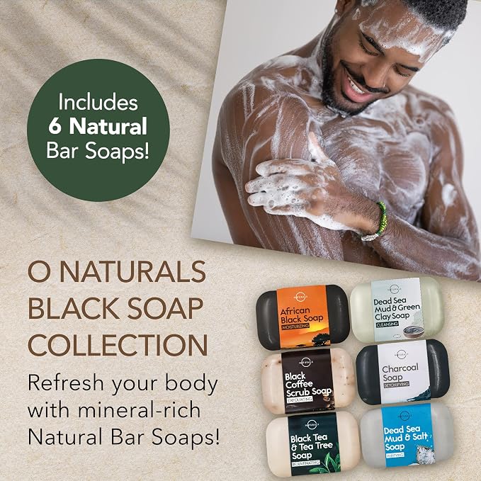 O NATURALS 100% Natural Bar Soap - Gift Set - Organic Ingredients & Essential Oils - Spa Gifts for Women & Men, Body Wash & Face Soap - 6PC Black Soap Collection - Mothers Days Gifts