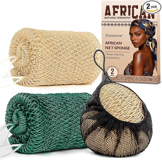 2 Pack African Net Sponge Exfoliating Body Scrubber Bath Sponge for Daily Use (Champange+Dark Green)