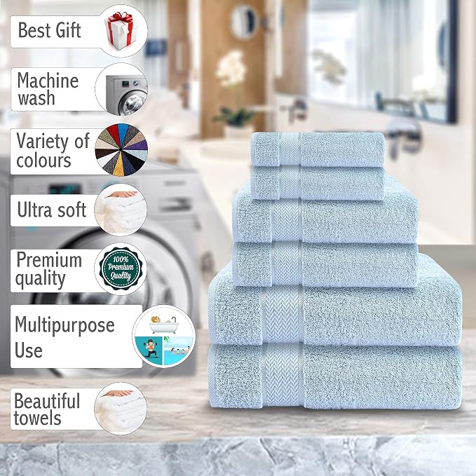 6 Piece Luxury Bath Towel Set - 100% Cotton, Quick Dry, Absorbent, Soft & Plush - Gym, Spa, Hotel, Pool, Shower Towels