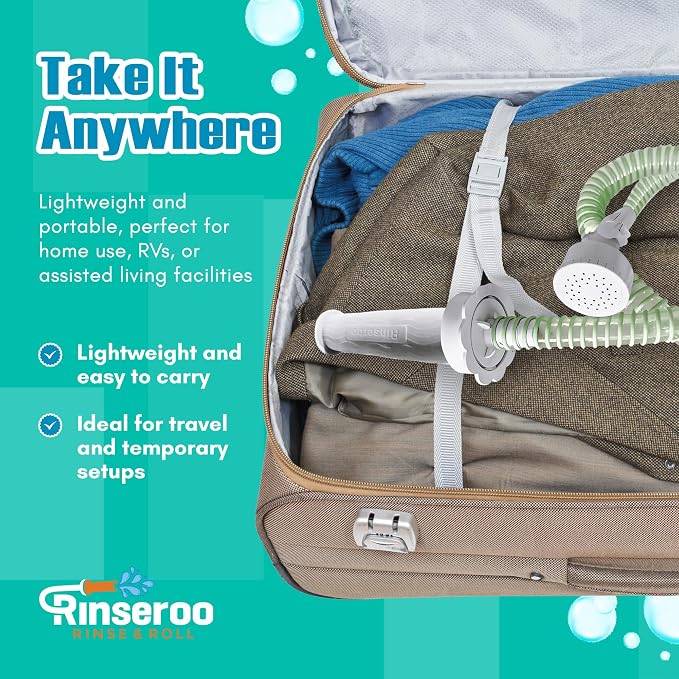 Rinseroo: Slip-On Handheld Shower Attachment Hose w/Spray Head-for Seated Bathing. Converts Fixed Shower Head into Handheld Bather. Portable, No-Install Shower Hose Wand for Seniors, RV. Gravity fed.
