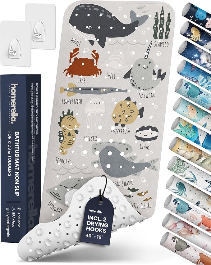Bath Tub Mat Non Slip Anti Mold for Kids BPA Free INCL Hooks - homerella® Ocean Sea Animals 40x16, Baby Bath Mat Non Slip 200 Suction Cups, Non Toxic Machine Washable Toddler Bath Mat, EU Certified