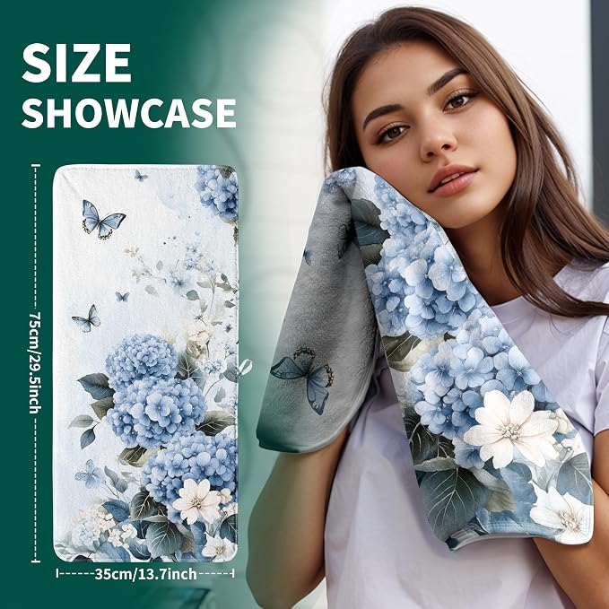Blue Hydrangea Microfiber Hand Towels High Absorbent Coral Fleece Kitchen Towel for Home Decor