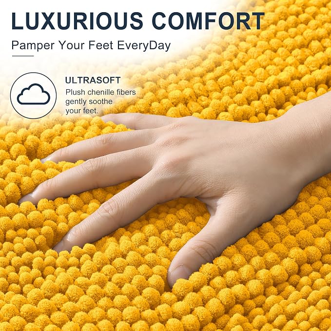 Smiry Thick Chenille Bathroom Runner Rugs 44x24, Extra Absorbent Striped Bath Mat, Machine Washable, Rubber Backing, Long Bath Rugs for Bathroom, Tub & Shower, Home Decor Accessories, Golden Yellow