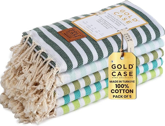 Gold CASE Turkish Hand Towels Set of 5 – 100% Cotton Hand Towels for Bathroom 20 x 40'' – Soft & Quick Dry Cotton Towel for Hands, Hair, SPA & Gym – Elegant Bathroom Towel Set in Green