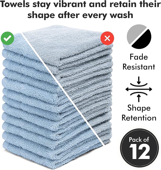 Face Towels Pack of 12 – 100% Cotton Wash Cloths (12x12 inch) – 550 GSM Soft, Quick Dry & Highly Absorbent Ring Spun Cotton Towels for Bathroom, Spa, Gym, Kitchen and for Daily Use - (Sky Blue)