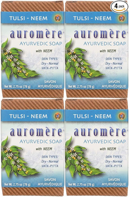 Auromere Ayurvedic Bar Soap, Tulsi Neem - Eco Friendly, Handmade, Vegan, Cruelty Free, Natural, Non GMO (2.75 oz), 4 pack