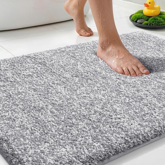 Yimobra Cushioned Anti-Fatigue Bathroom Rug, Bath Mat Non Slip Washable, Dense Soft Microfiber for Bathroom Sink, Shower, Tired Feet Comfort, Absorbent, 32" X 20", Grey and White