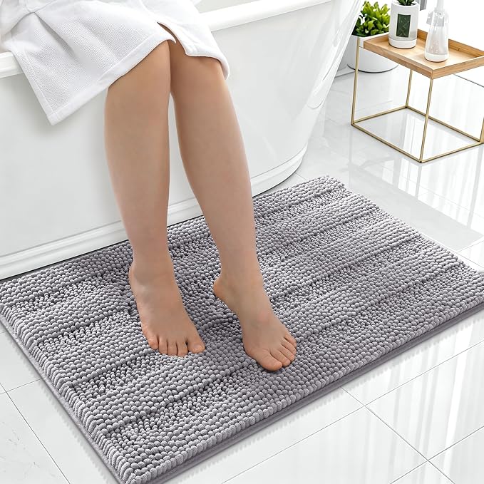 Smiry Thick Chenille Bathroom Rugs 36x24, Extra Soft Absorbent Striped Bath Mat, Machine Washable, Rubber Backing, Bath Rugs for Tub & Shower, Modern Home Decor Accessories, Grey