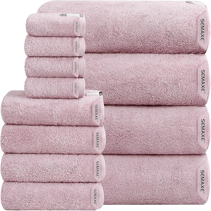 12-Piece Cotton Bath Towel Set with Hanging Loops for Bathroom, Purple | Balanced towel set for family showers, sink-side use, guest baths, and wash-day rotation, OEKO-TEX certified, easy care