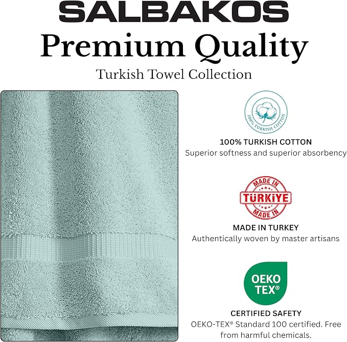 SALBAKOS 100% Turkish Cotton Hand Towel Set of 6 16x30 inch | Premium Quality | Hotel & Spa Collection | Soft, Absorbent, Long Lasting Hand Towels | Made in Turkey (Seafoam Green, 6 Hand Towels)