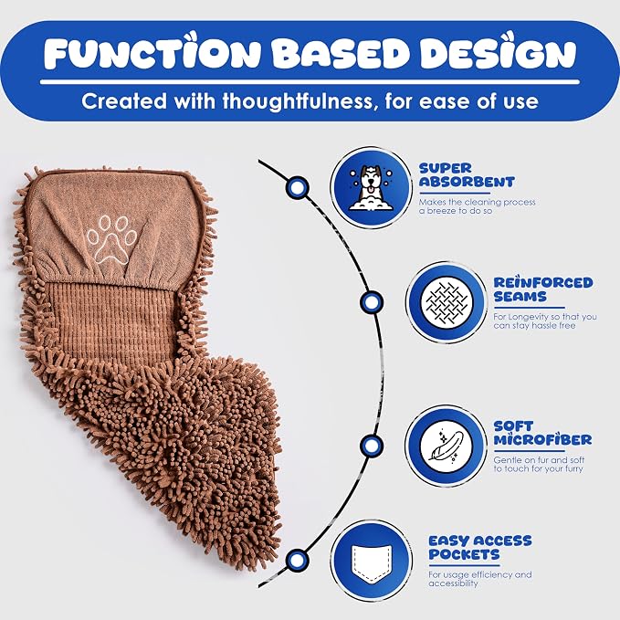Dog Towel Microfiber, Coffee | Super Absorbent, Fast Dry, Hand Pockets, Large & Small Dogs, Machine Washable