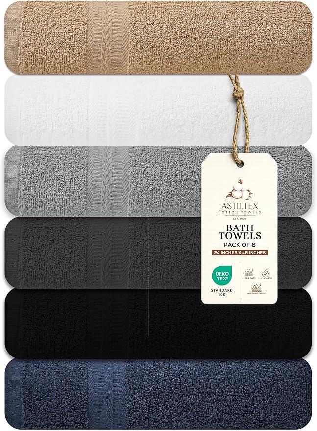 Bath Towels Pack of 6 – 24" x 48" – 100% Cotton Terry, Soft, Quick-Dry & Highly Absorbent – Multi Assorted Towels for Bathroom, Spa, Gym, Hotel, Pool & Everyday Use