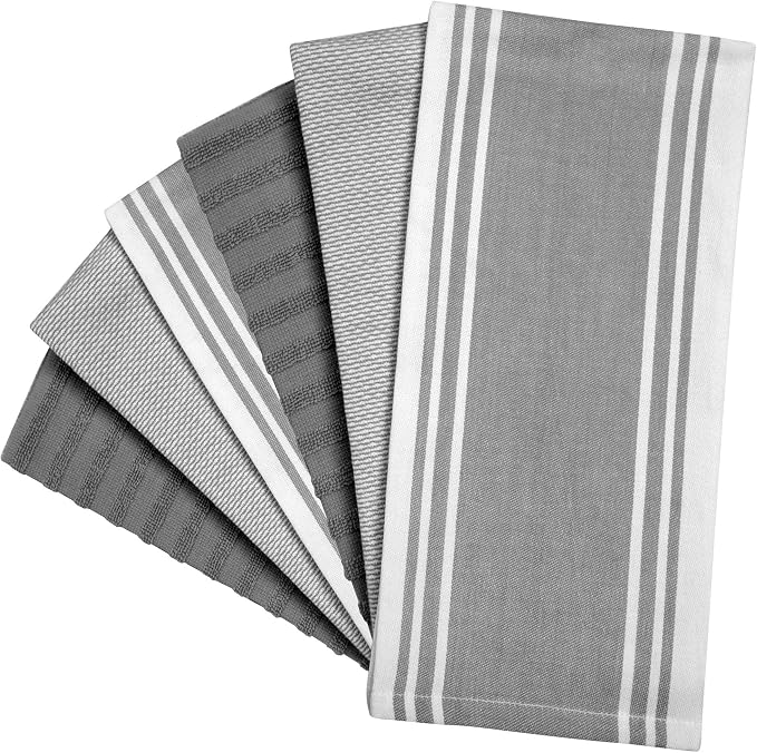 Premium Kitchen Towels (20”x 28”, 6 Pack) | Large Cotton Dish Towels | Flat & Terry Highly Absorbent Kitchen Linen Set with Hanging Loop | Wide Stripe Grey