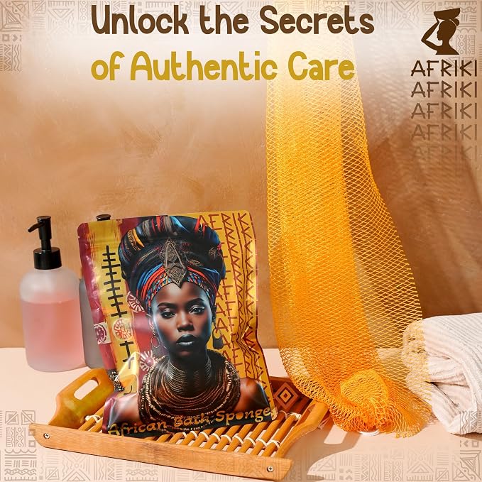 African Net Sponge, Premium Authentic Exfoliating Body Scrubber, Extra Long Stretch Bath Sponge for Shower, Deep Exfoliating Washcloth for Smooth Skin, 1 Pack (Mustard)