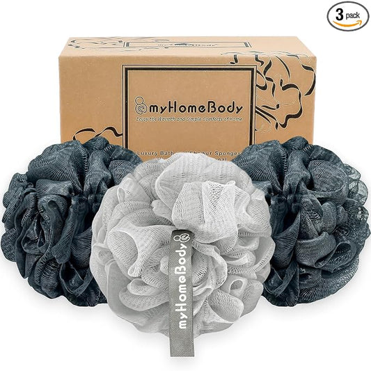 myHomeBody Large 70g Loofah Sponge, Body Scrubber, Bath Sponge, Loofah for Women, Men, Exfoliating Sponge Shower Pouf with Activated Charcoal - 3 Pack, 2 Midnight Blue + 1 Fog Gray