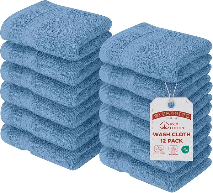 RIVERSIDE 12-Pack Premium 100% Cotton Electric Blue Face Towels for Bathroom [12x12] - Reusable Luxury Face Wash Cloths for Showering - 550 GSM Super Soft & Absorbent Washcloths for Body, Spa & Gym