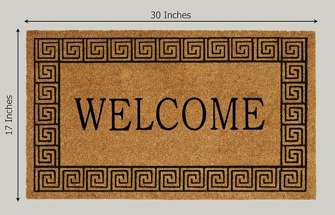 Croft&Cane Welcome Doormat – Non Slip Coco Coir Door Mat with Greek Key Border - Low Profile Vinyl Backed Front Doormat - Indoor Outdoor Entryway Rug - 17 x 30 Inches