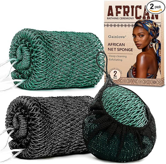 2 Pack African Net Sponge Exfoliating Body Scrubber Bath Sponge for Daily Use (Black+Dark Green)