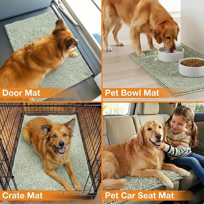Neater Pets Muddy Paws Dog Door Mat 36” x 24” – Super Absorbent & Quick-Dry Chenille Doormat for Trapping Dirt, Water, Mud - Non-Slip & Machine Washable Pet Rugs for Entryway, Indoor Mud Mats, Green