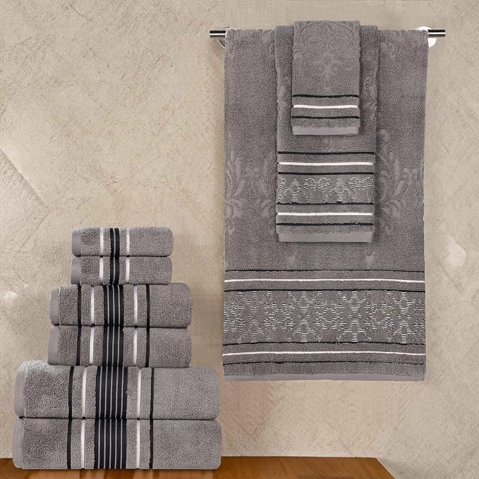 Superior Cotton 9 Piece Assorted Floral Towel Set, Includes 3 Bath, 3 Hand, 3 Washcloth/Face Towels, Quick Dry, Home Essentials, Shower, Spa, Luxury Plush Soft Absorbent Towels, Zero Twist, Charcoal
