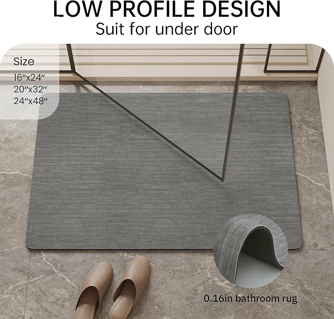 Mecko Bath Mat, Ultra Absorbent Quick Dry Bathroom Floor Mats-Rubber Non-Slip Thin Bathroom Rug Fit Under Door, Faux Suede Surface Shower Rug for Bathtub, Sink, Shower Room(Grey,24"x48")