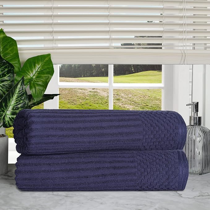 Superior Cotton 2-Piece Solid and Ribbed Bath Sheet Set, Bath Sheets- 34" x 68", Navy Blue
