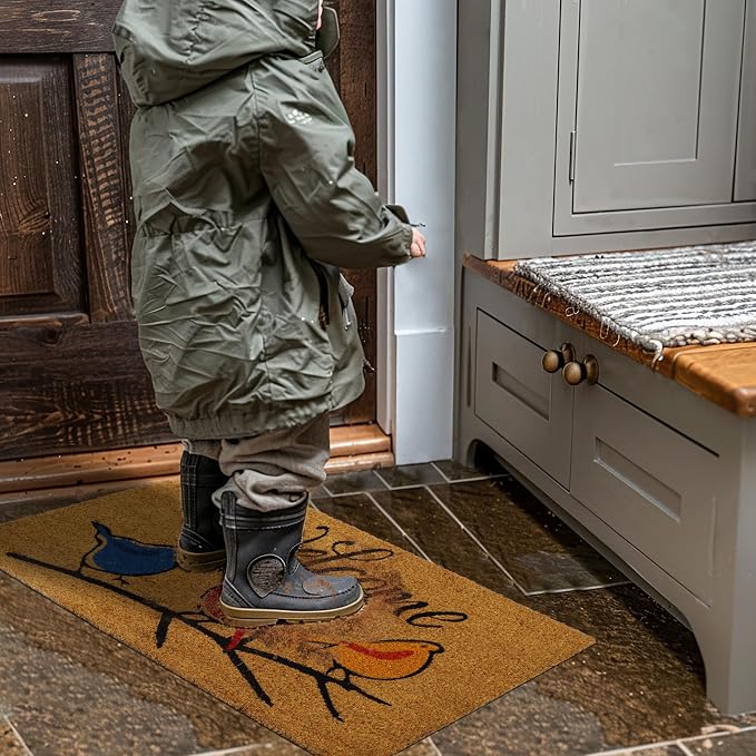 Croft&Cane Welcome Birds Coir Doormat – Non Slip Natural Coco Coir Door Mat - Low Profile Vinyl Backed Front Doormat - Indoor Outdoor Entryway Rug - 17 x 30 Inches